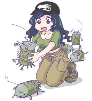 1girl belt black_hat blue_hair boots breasts brown_eyes brown_footwear brown_pants cargo_pants combat_boots crop_top curly_hair green_belt green_shirt hat holding japanon kneeling kraken_(japanon) kraken_regiment long_hair medium_breasts midriff military military_uniform navel open_mouth original pants russo-ukrainian_war shirt short_sleeves soldier squid transparent_background very_long_hair worried