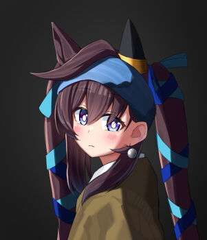 Rule 34 | 1girl, :3, absurdres, alternate costume, animal ears, black background, black hair, blue headscarf, commentary request, ear covers, earrings, extra ears, fine art parody, girl with a pearl earring, hair ribbon, headscarf, highres, horse ears, horse girl, jewelry, looking at viewer, parody, pearl earrings, ribbon, simple background, single ear cover, single earring, solo, twintails, umamusume, vivlos (umamusume), yamada (c57hikaru)