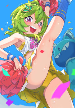 1girl :d absurdres ahoge arm_up armpits bare_shoulders blue_sky blue_socks blush bra bracelet cheerleader collei_(genshin_impact) commentary_request confetti cropped_shirt crossed_bangs cuilein-anbar_(genshin_impact) doll eyelashes feet_out_of_frame from_below genshin_impact green_eyes hair_between_eyes hair_ornament highres holding holding_pom_poms jewelry leg_up looking_at_viewer looking_down medium_hair midriff mochihuman open_mouth outdoors panties pleated_skirt pom_pom_(cheerleading) pom_poms purple_eyes skirt sky smile socks solo sweat tank_top teeth underwear upper_teeth_only white_tank_top yellow_bra yellow_panties yellow_skirt