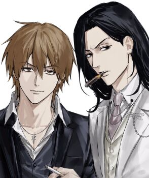 2boys black_eyes black_hair brown_eyes brown_hair cigarette closed_mouth everyday_host hair_between_eyes highres holding holding_cigarette jewelry long_hair looking_at_viewer louis_(everyday_host) male_focus mouth_hold multiple_boys necklace ryouichi_(everyday_host) short_hair simple_background sso_s upper_body white_background