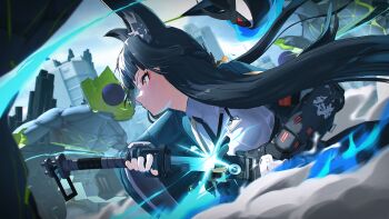 1girl 3d absurdres animal_ear_fluff animal_ears aqua_jacket black_gloves black_hair black_necktie breasts closed_mouth cloud cloudy_sky ethereal_(zenless_zone_zero) fingerless_gloves fox_ears fox_girl from_side gauntlets gloves highres holding holding_sword holding_weapon hoshimi_miyabi ingyuarts jacket katana long_hair necktie outdoors red_eyes sheath shirt single_fingerless_glove single_gauntlet sky sword tailless_(zenless_zone_zero) unsheathing weapon white_shirt zenless_zone_zero