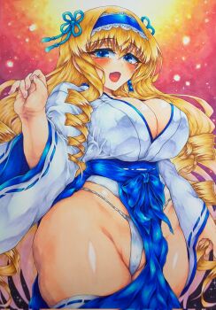 1girl blonde_hair blue_eyes blush breasts cecilia_alcott cleavage covered_erect_nipples drill_hair fundoshi hairband highres infinite_stratos japanese_clothes large_breasts legs long_hair long_skirt looking_at_viewer miko open_mouth skirt smile solo thick_thighs thighs tongue traditional_media very_long_hair wide_hips