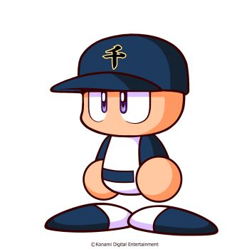 Rule 34 | 1boy, artist request, baseball cap, baseball uniform, belt, black belt, black hat, black shirt, hat, highres, jikkyou powerful pro yakyuu, jikkyou powerful pro yakyuu (style), male focus, multicolored shirt, multicolored shoes, no mouth, official art, power pro kun, purple eyes, rayman limbs, shirt, solo, sportswear, two-tone shirt, two-tone shoes, white shirt