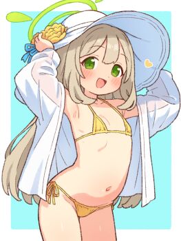 1girl :d aged_down alternate_breast_size_(smaller) bikini blue_archive blue_background blush brown_hair flat_chest flower flower_as_hat green_eyes green_halo halo hat loli long_hair navel nonomi_(blue_archive) nonomi_(swimsuit)_(blue_archive) official_alternate_costume onyhakase open_mouth smile solo swimsuit two-tone_background white_background white_hat yellow_bikini