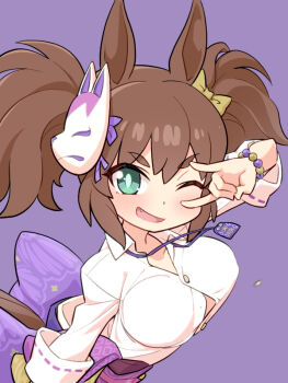 1girl animal_ears blue_eyes blush bow breasts brown_hair buttons collarbone collared_shirt fang flying_button fox_mask fox_shadow_puppet green_eyes hair_between_eyes horse_ears horse_girl horse_tail inari_one_(umamusume) large_breasts long_hair long_sleeves looking_at_viewer mask mask_on_head nino_(ninouchi_irazu) one_eye_closed open_mouth popped_button purple_background purple_skirt shirt skirt smile solo tail twintails umamusume white_shirt yellow_bow