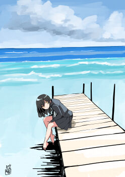 1girl absurdres artist_logo barefoot black_hair black_sailor_collar black_serafuku black_shirt black_skirt blue_sky cloud dated day dock highres horizon kantai_collection logo long_hair mikazuki_(kancolle) ocean one-hour_drawing_challenge orange_eyes outdoors sailor_collar sailor_shirt scenery school_uniform serafuku shirt skirt sky smile solo toplow