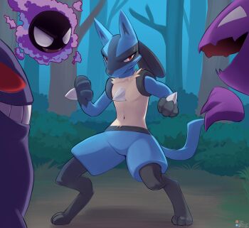 1boy 3others absurdres artist_name bush clenched_hand colored_sclera commentary english_commentary forest furry furry_male gastly gen_1_pokemon gen_4_pokemon gengar haunter highres jarnqk looking_at_viewer lucario multiple_others nature navel night nintendo no_pupils outdoors pokemon pokemon_(creature) red_eyes red_sclera standing sweatdrop tree