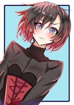 :t absurdres bakuma black_shirt blue_background blue_eyes blush border brown_hair gradient_hair hair_between_eyes highres looking_at_viewer multicolored_hair outside_border red_hair ruby_rose rwby shirt underbust upper_body white_border