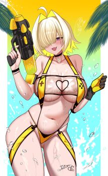 1girl absurdres ahoge bare_shoulders black_choker black_gloves blonde_hair blush breasts bubble choker cleavage clothing_cutout commentary_request contrapposto cowboy_shot elegg_(boom_and_shock)_(nikke) elegg_(nikke) fang gloves gluteal_fold goddess_of_victory:_nikke gradient_background hair_intakes hair_over_one_eye heart_cutout highres holding holding_water_gun kizakura_art large_breasts looking_at_viewer nail_polish navel official_alternate_costume one_eye_covered open_mouth outside_border palm_leaf pillarboxed pink_nails purple_eyes shiny_skin short_hair signature single_glove skin_fang slingshot_swimsuit smile solo standing sticker sticker_on_leg swimsuit two-tone_gloves very_long_fingernails water_gun yellow_gloves yellow_slingshot_swimsuit