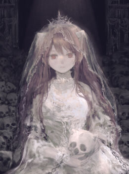 1girl absurdres brown_hair chain closed_mouth commentary commentary_request crown dress elfen_lied english_commentary expressionless highres konkontsuki long_hair looking_at_viewer lucy_(elfen_lied) pile_of_skulls red_eyes skull solo veil white_dress