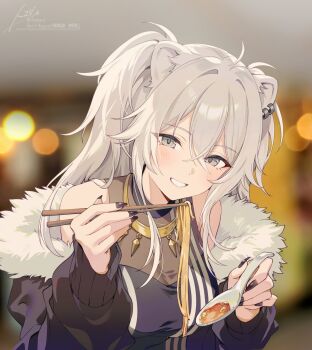 Rule 34 | 1girl, :d, ahoge, animal ear piercing, animal ears, black jacket, black shirt, blurry, blurry background, breasts, chopsticks, commentary, double-parted bangs, eating, food, fur-trimmed jacket, fur trim, grey eyes, grey hair, grin, hair between eyes, highres, holding, holding chopsticks, holding spoon, hololive, jacket, jewelry, large breasts, lion ears, lion girl, long hair, looking at viewer, necklace, noodles, official artist extra, open mouth, ramen, shirt, shishiro botan, shishiro botan (1st costume), sidelocks, sleeveless, sleeveless shirt, smile, solo, spoon, untranslatable commentary, tomari (veryberry00), two side up, upper body, virtual youtuber