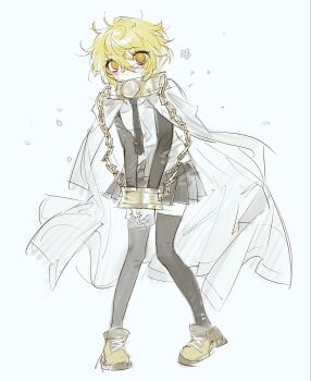 1girl black_skirt blonde_hair brown_shoes cape chain cuffs don_quixote_(project_moon) empty_eyes full_body highres index_(identity)_(project_moon) limbus_company meijiichigo pleated_skirt project_moon shackles shoes short_hair skirt solo standing white_cape yellow_eyes