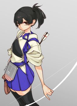 Rule 34 | 1girl, absurdres, arrow (projectile), black hair, black thighhighs, blue hakama, bow (weapon), brown eyes, closed mouth, commentary, gloves, grey background, hair between eyes, hakama, hakama skirt, highres, holding, holding weapon, japanese clothes, kaga (kancolle), kantai collection, kimono, kusomisoni, looking at viewer, muneate, partially fingerless gloves, partly fingerless gloves, ponytail, side ponytail, simple background, skirt, solo, tasuki, thighhighs, weapon, white kimono, yugake