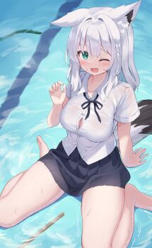 1girl absurdres alternate_costume animal_ear_fluff animal_ears bare_legs barefoot black_ribbon black_skirt blush braid breasts button_gap collarbone collared_shirt commentary_request earclip embarrassed fallen_down feet from_above full_body green_eyes hand_up highres hololive kajitsu_no_hito large_breasts long_hair looking_at_viewer looking_up miniskirt neck_ribbon one_eye_closed open_mouth pleated_skirt raised_inner_eyebrows ribbon school_uniform shirakami_fubuki shirt short_sleeves side_braid sitting skirt solo tail thighs virtual_youtuber wariza water water_drop wet wet_clothes wet_shirt white_hair white_shirt wing_collar