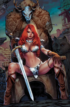 1girl animal_skull armor arrow_(projectile) bikini_armor boots brown_boots brown_gloves elias_chatzoudis gloves highres holding holding_sword holding_weapon long_hair looking_at_viewer metal_bikini navel red_hair red_lips red_sonja red_sonja_(comics) signature sitting sitting_on_throne solo sword throne weapon wolf