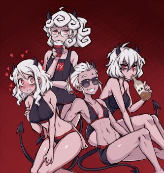 4girls alcohol aviator_sunglasses bikini black_horns black_male_swimwear black_one-piece_swimsuit black_swim_trunks bottle breasts cup curly_hair demon_girl demon_horns demon_tail disposable_coffee_cup disposable_cup dojipan glasses heart heart-shaped_pupils helltaker horns justice_(helltaker) large_breasts liquor looking_at_viewer male_swimwear malina_(helltaker) medium_breasts modeus_(helltaker) multiple_girls navel one-piece_swimsuit pandemonica_(helltaker) red_eyes school_swimsuit short_hair small_breasts smile sunglasses swim_trunks swimsuit symbol-shaped_pupils tail tinted_eyewear white_hair