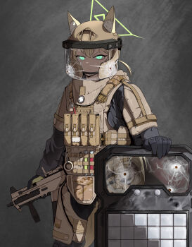 1girl absurdres animal_ears black_gloves blonde_hair blue_archive bullet_hole bulletproof_vest commentary_request feet_out_of_frame fox_ears fox_girl fox_platoon_(blue_archive) fox_tail furrowed_brow gloves glowing glowing_eyes green_eyes gun h&amp;k_ump halo handle helmet highres injection kurumi_(blue_archive) looking_at_viewer military military_combat_uniform military_uniform original red_dot_sight solo solo_focus submachine_gun tactical_clothes tactical_gloves tail user_rjmz7585 variant_set weapon yellow_halo yellow_tail