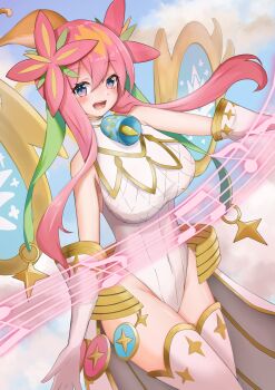 1girl asaka_dm bare_shoulders beamed_eighth_notes bell blonde_hair blue_eyes blue_sky breasts cloud cloudy_sky duel_masters eighth_note elbow_gloves flower gloves gold_trim green_hair_ornament hair_flower hair_ornament high_ponytail highres large_breasts leotard long_hair mesh multicolored_eyes multicolored_hair musical_note musical_staff neck_bell open_mouth pink_eyes pink_hair ponytail rafululu_love_(duel_masters) short_ponytail sidelocks sky solo teeth thighhighs white_gloves white_leotard white_thighhighs