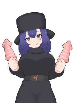 1girl :p belt black_belt black_hat black_skirt black_sweater blue_eyes blue_hair blush cowboy_shot fins hair_between_eyes hat head_fins highres illu_(illu_stratos) kemono_friends long_sleeves looking_at_viewer pencil_skirt sidelocks skirt solo sperm_whale_(kemono_friends) squid sweater tongue tongue_out turtleneck turtleneck_sweater upper_body ushanka whale_girl