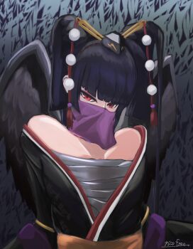 1girl artist_name black_hair black_kimono feathered_wings hat highres japanese_clothes kimono looking_at_viewer nicofree nioh nioh_2 nyotengu red_eyes solo tokin_hat upper_body wings