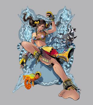 1girl absurdres animal barefoot boxing_gloves bra brown_hair chameleon commentary dark-skinned_female dark_skin english_commentary fingerless_gloves floating_hair full_body gloves grey_background highres jbstyle jewelry lemur miary_zo multicolored_bra official_art red_eyes second-party_source smile solo tekken tekken_8 underwear yellow_nails