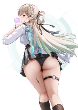 1girl absurdres ass black_panties black_skirt black_socks blonde_hair blowing_bubble_gum braid braided_bangs breasts chewing_gum chinese_commentary commentary_request from_behind gradient_hair hair_ornament highres jacket kneepits long_hair looking_at_viewer looking_back lynae_(wuthering_waves) medium_breasts multicolored_hair panties partial_commentary profile revision shirobako_srbk shirt sideways_glance skirt skull_hair_ornament socks solo thigh_strap thighs underwear white_jacket white_shirt wuthering_waves