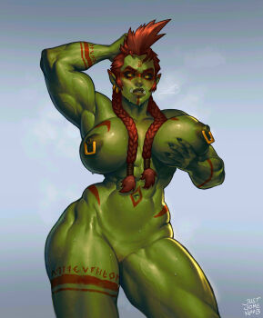 1girl abs absurdres arm_behind_head arm_up armpits artist_name biceps black_sclera braid breasts breath clitoral_hood colored_sclera colored_skin completely_nude cowboy_shot curvy dark_nipples ear_piercing earrings eyelashes facepaint female_orc grabbing_own_breast green_skin grey_background hair_between_breasts highres jewelry justsomenoob large_breasts legs_apart long_hair looking_at_viewer mohawk muscular muscular_female navel nipple_piercing nipple_rings nipples nude orange_hair orc original piercing pointy_ears presenting_breasts pussy red_tattoo runes simple_background solo standing stomach sweat sweatdrop tattoo teeth thick_lips thick_thighs thighs tusks twin_braids wide_hips yellow_eyes