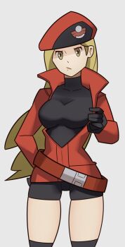 blonde_hair bodysuit gloves hair_ornament hairclip hand_on_own_hip highres looking_at_viewer nintendo pokemon pokemon_ranger_(pokemon) pokemon_ranger_uniform pokemon_xy pout simple_background skin_tight skindentation splashbrush thighs yellow_eyes