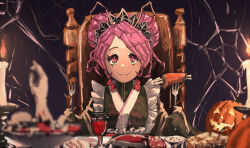 1girl antennae arachne arthropod_girl blood blood_in_cup bone candle cannibalism closed_mouth commentary cup double_bun drinking_glass entoma_vasilissa_zeta extra_pupils fangs food fork hair_bun halloween highres holding holding_fork insect_girl jack-o&#039;-lantern japanese_clothes kimono long_sleeves looking_at_viewer maid maid_headdress meat monster_girl ninjin_ika overlord_(maruyama) pink_eyes pink_hair plate severed_arm severed_limb short_hair silk skin_fangs sleeves_past_fingers sleeves_past_wrists smile solo spider_girl spider_web straight-on table taur wine_glass