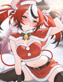 1girl :d alternate_costume animal_ears arm_up bandeau belt black_belt black_gloves black_streaks black_thighhighs blue_eyes blurry blurry_background blush breasts capelet cleavage colored_tips commentary crossed_bangs dice_hair_ornament double-parted_bangs english_commentary extra_ears fur-trimmed_bandeau fur-trimmed_gloves fur-trimmed_headwear fur-trimmed_skirt fur_trim gloves grin hair_between_eyes hair_ornament hakos_baelz hat highres hololive hololive_english long_hair medium_breasts midriff miniskirt mouse_ears mouse_girl mouse_tail multicolored_hair navel open_mouth pom_pom_(clothes) red_bandeau red_capelet red_hair red_hat red_skirt santa_costume santa_hat sitting sk_jynx skirt smile solo tail thighhighs virtual_youtuber white_streaks