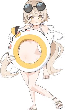 absurdres adjusting_eyewear bare_shoulders bikini blue_archive brown_eyes commentary_request hifumi_(blue_archive) hifumi_(swimsuit)_(blue_archive) highres kamosika123 long_hair navel official_alternate_costume official_alternate_hairstyle peroro_(blue_archive) ponytail sandals simple_background sunglasses swimsuit thighs tube white_background white_bikini white_sandals