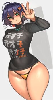 1girl absurdres ahoge arm_up belle_(zenless_zone_zero) black_shirt blue_hair blush border breasts closed_mouth commentary cowboy_shot crossed_bangs earrings english_commentary green_eyes grey_background hair_between_eyes hair_ornament half-closed_eyes highres jewelry kelvin_hiu large_breasts letter_hair_ornament looking_at_viewer mismatched_earrings necklace notice_lines orange_panties panties print_shirt shirt short_hair smile solo string_panties sweat thighs underwear wide_hips zenless_zone_zero