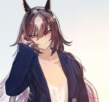 1girl alt_text animal_ears blue_jacket breasts brown_hair cleavage closed_mouth commentary_request hand_up highres horse_ears horse_girl jacket long_hair looking_at_viewer multicolored_hair orusun red_eyes simple_background sirius_symboli_(umamusume) smile solo streaked_hair umamusume upper_body white_background white_hair