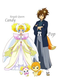 Rule 34 | 1boy, 1girl, 2girls, @est@, aged up, animal ears, blonde hair, blue eyes, bow, brother and sister, brown eyes, brown hair, candy (smile precure!), character name, choker, closed mouth, cone hair bun, creature, creature and personification, crossed arms, double bun, dress, earrings, facial mark, fox tail, full body, geta, hair bun, hair ornament, hakama, hakama skirt, haori, high ponytail, highres, humanization, japanese clothes, jewelry, kimono, layered dress, long hair, long sleeves, looking at viewer, magical girl, multiple girls, personification, ponytail, pop (smile precure!), precure, sandals, short hair, siblings, simple background, skirt, smile, smile precure!, socks, standing, tabi, tail, tiara, transparent background, white background, white choker, white wings, wide sleeves, wings, yellow choker, yellow dress, zouri