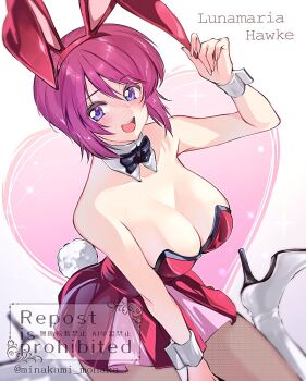 animal_ears blue_eyes boots bow bowtie breasts cleavage commentary gundam gundam_seed high_heels lunamaria_hawke minakami_monaka pantyhose playboy_bunny purple_hair rabbit_ears rabbit_tail tail thigh_boots