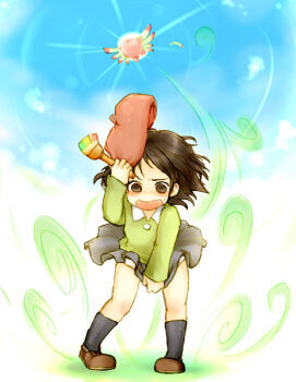 1boy 1girl adeleine alien beret black_eyes black_hair black_skirt black_socks blush brown_shoes cloud colored_skin copy_ability embarrassed feathers flying grass green_sweater hat headdress holding holding_paintbrush kirby kirby_(series) kirby_64 light_rays loli long_sleeves looking_down nintendo open_mouth paintbrush panties pink_skin red_hat shoes short_hair skirt sky smile socks standing sun sunbeam sunlight sweat sweater underwear watabou white_panties wind wind_lift wing_kirby wings