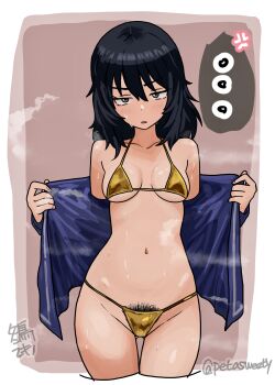 ... 1girl andou_(girls_und_panzer) anger_vein artist_name bikini black_eyes black_hair blue_jacket blush breasts cleft_of_venus commentary cowboy_shot dark-skinned_female dark_skin frown fuyudori_yukino girls_und_panzer gluteal_fold gold_bikini half-closed_eyes halterneck highres jacket looking_at_viewer medium_breasts medium_hair messy_hair micro_bikini navel no_pants open_clothes open_jacket open_mouth opened_by_self pubic_hair pubic_hair_peek pussy signature solo spoken_ellipsis steam string_bikini sweat swimsuit thigh_gap twitter_username undressing