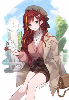 1girl akane_lize alternate_costume animal_charm arm_out_of_sleeve artist_name bag beret black_hat black_ribbon black_skirt blonde_streaks blue_sky breasts brown_bag brown_coat buttons cardigan cellphone cellphone_charm charm_(object) clock cloud coat commentary_request cross cross_earrings dated day ear_chain ear_piercing earrings grey_eyes hair_ornament hairclip handbag hat hat_ribbon highres holding holding_phone ika_(4801055) invisible_chair jewelry large_breasts latin_cross linked_piercing long_hair looking_at_viewer miniskirt mole mole_under_eye multicolored_hair necklace open_clothes open_coat outdoors parted_bangs parted_lips pencil_skirt phone piercing pink_cardigan plaid_clothes plaid_skirt red_hair ribbon shirt signature sitting skirt sky smartphone solo stellive streaked_hair tree turtleneck turtleneck_shirt twitter_username unworn_bag virtual_youtuber white_shirt