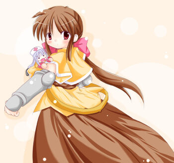 2000s_(style) 2girls acolyte_(ragnarok_online) blush bow brown_capelet brown_dress capelet closed_mouth commentary_request cowboy_shot dress gauntlets hair_bow hat koba-p long_hair looking_at_viewer mini_person minigirl multiple_girls nurse_cap pink_bow ragnarok_online red_eyes swordsman_(ragnarok_online)