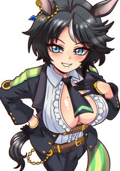 Rule 34 | 1girl, animal ears, asymmetrical hair, belt, black gloves, black hair, black jacket, black necktie, black pants, blue eyes, breasts, brown belt, buttons, center frills, center opening, collared shirt, commentary, cowboy shot, ear ornament, english commentary, frilled shirt, frills, from above, fuji kiseki (shooting star revue) (umamusume), fuji kiseki (umamusume), gloves, gold trim, grin, hand on own hip, hand up, highres, horse ears, horse girl, horse tail, jacket, jewelry, large breasts, legs together, long sleeves, looking at viewer, mole, mole on breast, mole under eye, multicolored hair, multiple moles, necktie, no bra, open clothes, open jacket, pants, seireiart, shiny skin, shirt, short hair, simple background, smile, solo, standing, tail, two-tone hair, umamusume, white hair, white shirt, wing collar