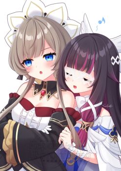 2girls :o artist_name bare_shoulders black_hair black_sleeves blue_eyes blush breasts brown_hair cleavage closed_eyes columbina_(genshin_impact) commentary_request detached_sleeves genshin_impact hair_ornament hand_on_another&#039;s_arm highres long_hair multicolored_hair multiple_girls musical_note open_mouth purple_hair sandrone_(genshin_impact) sleeveless stardrop very_long_hair watermark wing_hair_ornament