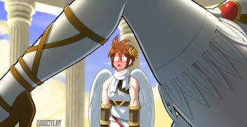 1boy 1girl ancient_greek_clothes assentlov blue_eyes blush brown_hair chiton commentary english_commentary full-face_blush greco-roman_clothes high_heels highres kid_icarus kid_icarus_uprising knee_up laurel_crown leg_focus nintendo open_mouth palutena pit_(kid_icarus) single_thighhigh solo_focus thighhighs thighs white_thighhighs wide-eyed wings