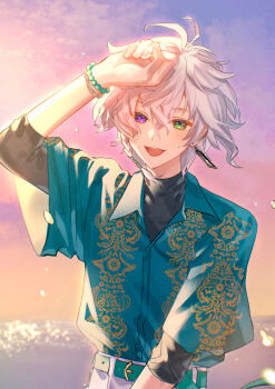 1boy absurdres ahoge alternate_costume bead_bracelet beads belt black_shirt blue_shirt bracelet collared_shirt commentary_request cowboy_shot earrings green_belt green_eyes hanafuda_earrings heterochromia highres jewelry looking_at_viewer male_focus matochi_(fa) murakumo_kagetsu nijisanji ocean open_mouth outdoors panties patterned_clothing pink_sky purple_eyes purple_sky shading_eyes shirt short_hair short_sleeves single_earring sky smile solo undershirt underwear upper_body virtual_youtuber white_hair white_panties