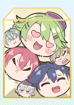 3boys 3girls absurdres altina_orion anger_vein angry ash_carbide beret black_hair brown_hair closed_mouth double-parted_bangs eiyuu_densetsu frown green_eyes grey_hair hair_between_eyes hair_ornament hairclip hat heart heart-shaped_eyes highres juna_crawford kurt_vander multiple_boys multiple_girls musse_egret naisu_(nai_su01) open_mouth parted_bangs pink_hair rean_schwarzer sen_no_kiseki sen_no_kiseki_(series) sen_no_kiseki_iii short_hair simple_background smile suika_game sweatdrop white_hair