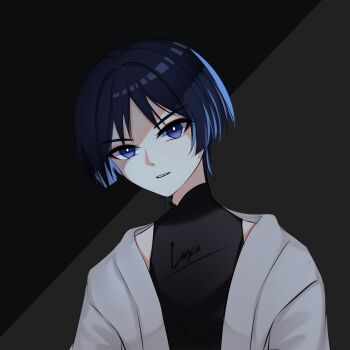 Rule 34 | 1boy, absurdres, arms at sides, artist name, black bodysuit, black hair, blunt ends, bodysuit, bright pupils, choppy bangs, commentary, english commentary, eyeliner, genshin impact, highres, japanese clothes, kimono, leaning to the side, lexeliris, looking at viewer, makeup, male focus, mandarin collar, monochrome background, open clothes, open kimono, parted lips, purple eyes, red eyeliner, scaramouche (genshin impact), shoulder peek, signature, solo, upper body, wanderer (genshin impact), white kimono, white mouth, white pupils