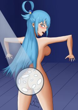 1girl aqua_(konosuba) ass ass_focus back bare_back blush breasts completely_nude dibudrawing embarrassed exhibitionism female highres humiliation indoors kadokawa kadokawa_shoten kono_subarashii_sekai_ni_shukufuku_wo! legs moon museum nickelodeon nude paramount_pictures parody public_indecency senftember senftember_(2025) sideboob studio_deen the_fairly_oddparents