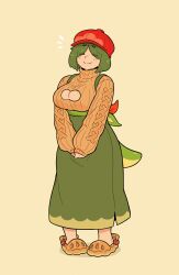 Rule 34 | 1girl, absurdres, apple, appletun, blush, breasts, brown footwear, cleavage cutout, closed eyes, clothing cutout, commentary, crocs, doodlelotl, english commentary, food, food-themed clothes, food-themed hat, freckles, fruit, green hair, green skirt, green tail, highres, large breasts, light smile, long skirt, mature female, own hands together, personification, pie, pokemon, short hair, simple background, skirt, solo, sweater, turtleneck