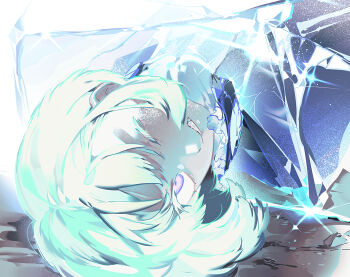 1boy androgynous aqua_hair clenched_teeth colored_eyelashes frozen gapamopa lio_fotia looking_at_viewer lying male_focus on_ground one_eye_closed promare purple_eyes short_hair solo teeth upper_body