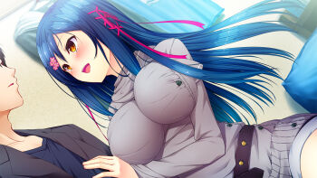1boy 1girl :d belt belt_skirt black_hair blue_hair blush breasts buttons couple dutch_angle eye_contact game_cg giga hair_ornament hair_ribbon hairclip hand_on_another's_chest happy impossible_clothes indoors kagami_suzuha large_breasts long_hair long_sleeves looking_at_another multicolored_eyes open_mouth orange_eyes parted_bangs parted_lips pillow purple_eyes ren'ai_phase ribbon shirt short_hair short_shorts shorts smile solo_focus studded_belt usume_shirou very_long_hair yaegaki_jun