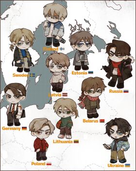 6+boys :> absurdres belarus_(saboten92) black_footwear blonde_hair blue_eyes braid brown_coat brown_hair brown_pants character_name closed_mouth coat estonia_(saboten92) estonian_flag europe_map finland_(saboten92) finnish_flag german_flag germany_(saboten92) highres latvia_(saboten92) latvian_flag lithuania_(saboten92) lithuanian_flag long_hair map multiple_boys original pants personification poland_(saboten92) polish_flag red_scarf russia_(saboten92) russian_flag saboten92 scarf shoes short_hair smile sweater sweden_(saboten92) swedish_flag ukraine_(saboten92) ukrainian_flag white_sweater